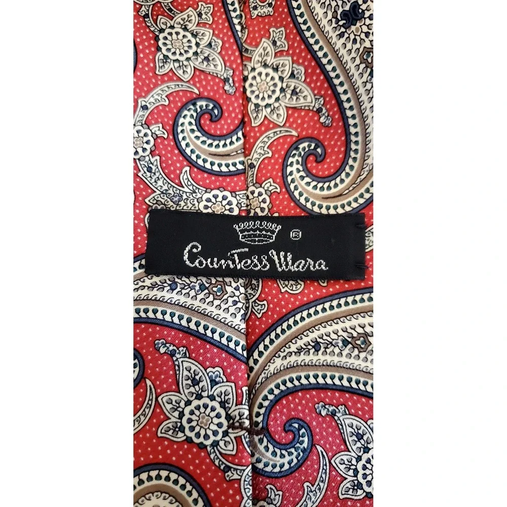 Countess Mara Necktie Sistine Satin Paisley Red Black Ivory Tie Logo Embroidered - Picture 10 of 11